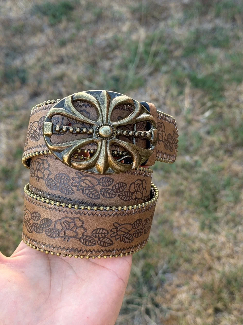 Floral Brown Leather Belt with Decorative Gold floral cross Buckle